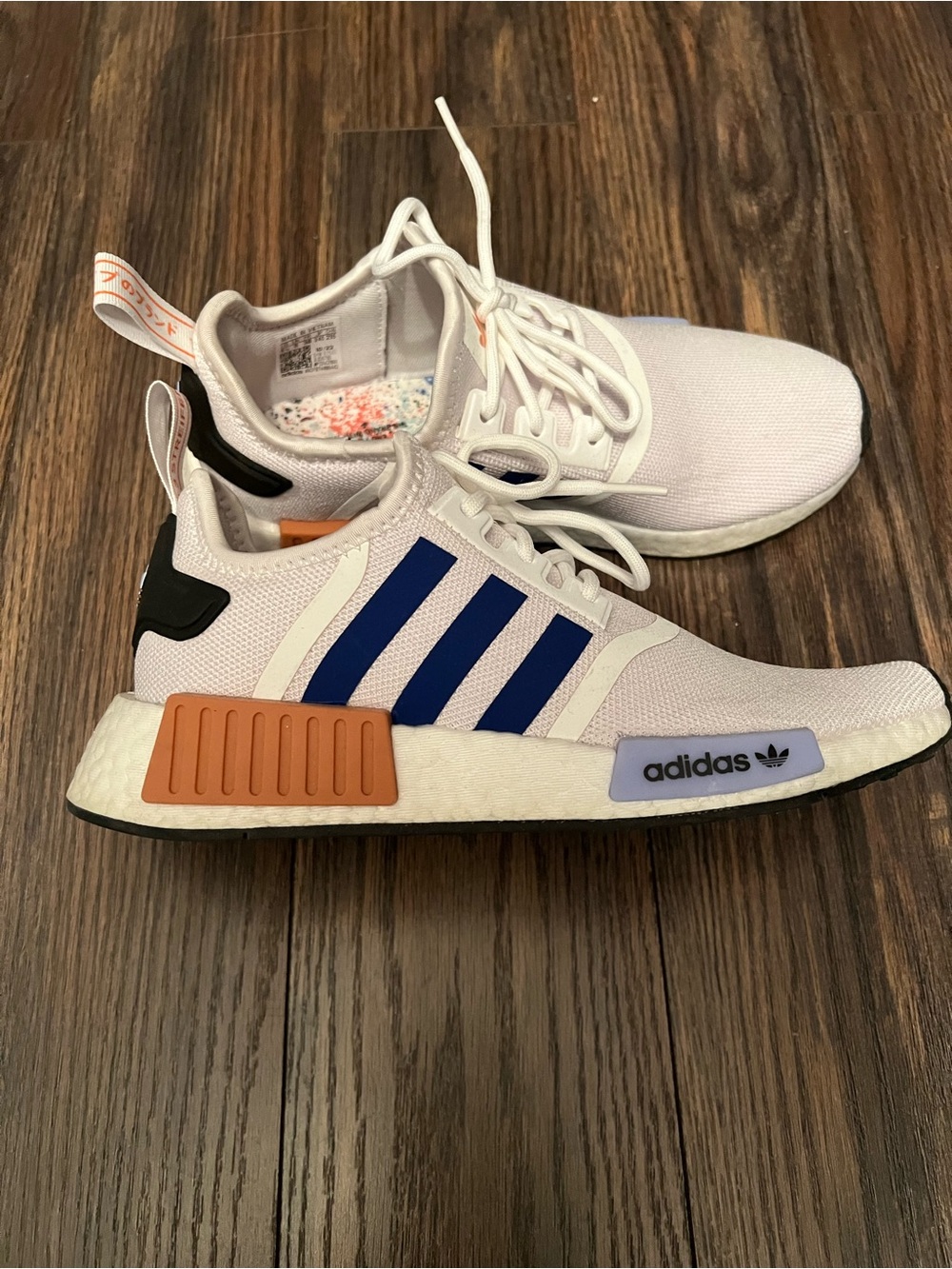 EUC Adidas Kids NMD R1 White Blue Casual Sneakers